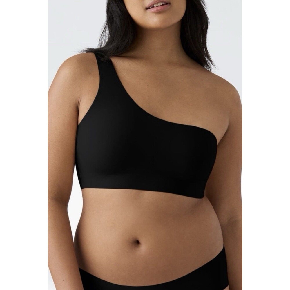 True & Co True Body One Shoulder Bralette Black Seamless Wire Free Medium NWOT